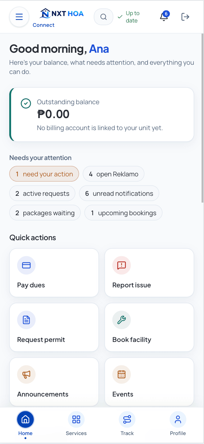 NXT HOA resident app home showing requests, payments, visitor registration, bookings, and announcements