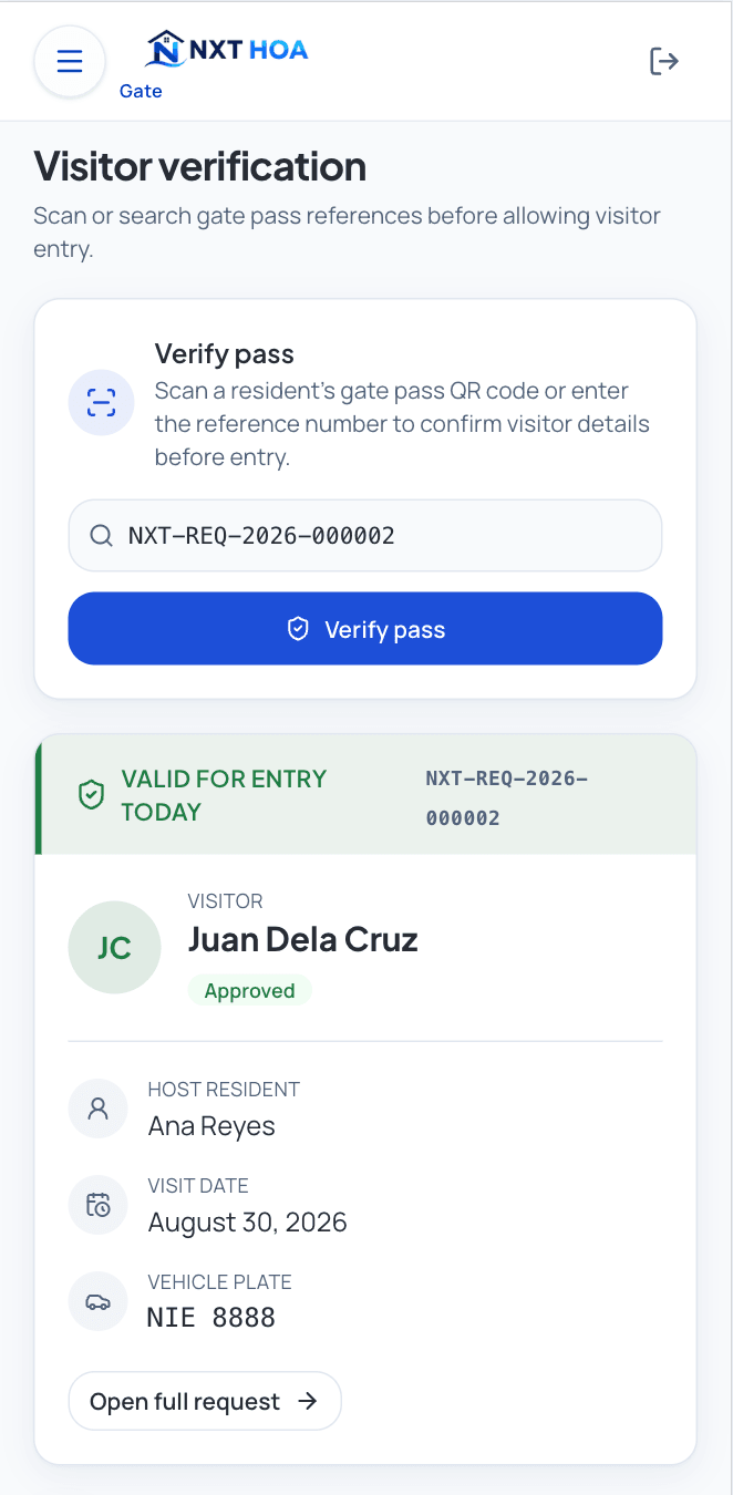 NXT HOA gate visitor verification screen showing visitor entry approval and access management