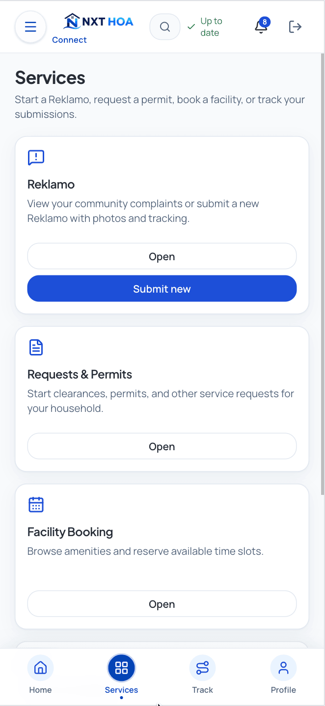 NXT HOA resident services screen showing Reklamo, requests and permits, facility booking and resident navigation