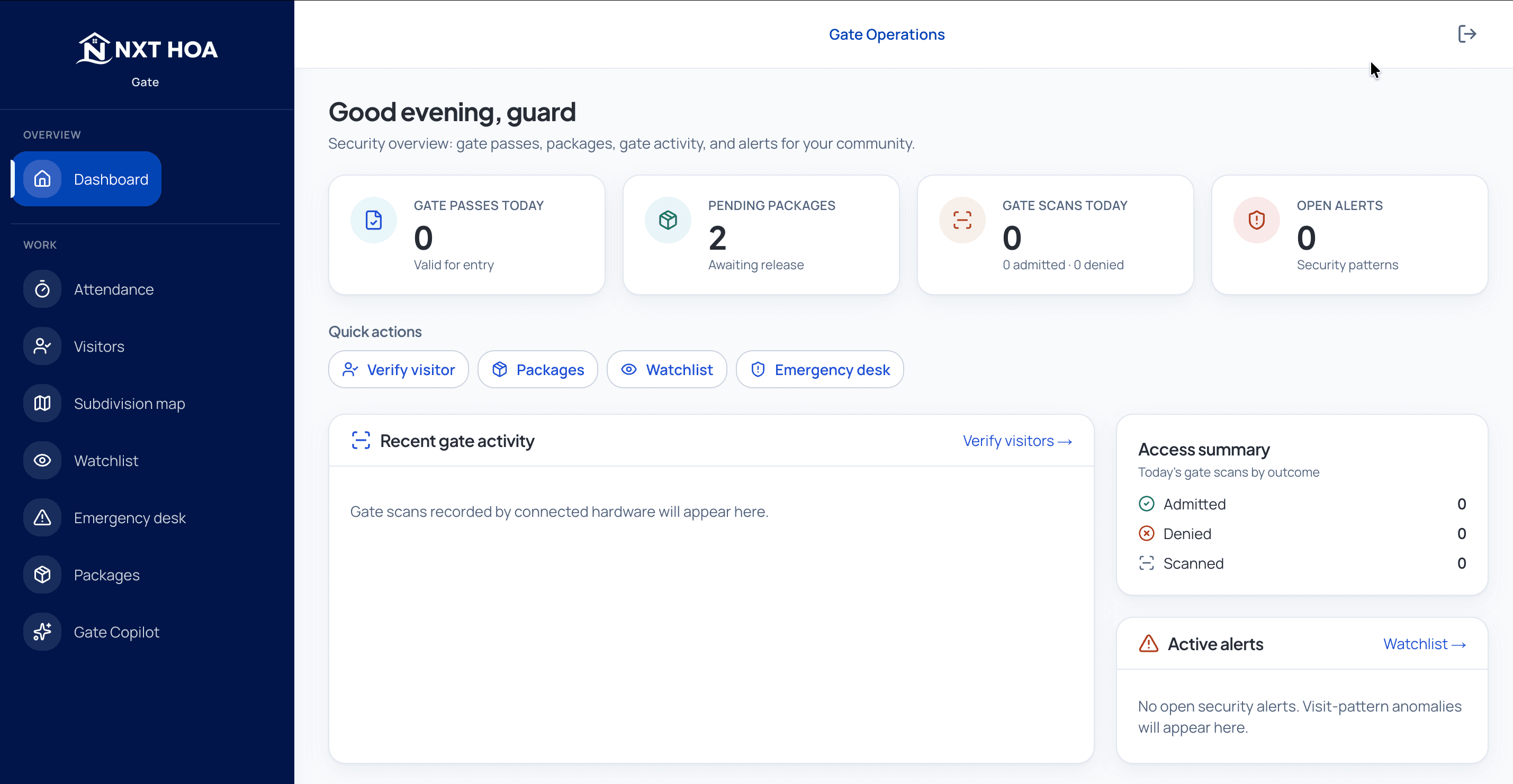 NXT HOA security gate log showing verified visitor entries with timestamps